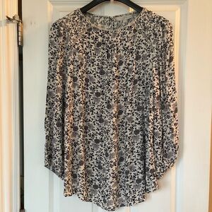 LOFT Black & Cream Floral Long Sleeve Mixed Media Blouse. Smocked Yolk,  Size L
